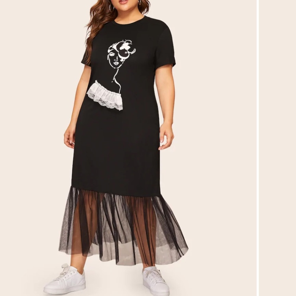 ‫Plus Contrast Mesh Figure Print Dress